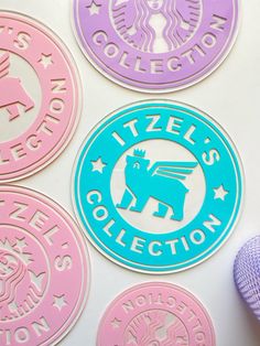 four circular stickers with the words itzel's collection written in blue, pink and purple