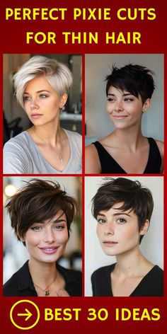 Discover 30 stunning pixie cuts for thin hair, each crafted to boost volume and style. These chic hairstyles are perfect for anyone looking to enhance their look with sophistication and elegance. Short Cut For Thinning Hair, Pixie Cut For Thinning Hair, Pixie Hairstyles For Fine Hair, Razor Cut Pixie, Pixie Cut For Fine Hair, Hair Color Pixie Cut, Short Wavy Pixie, Very Short Pixie Cuts