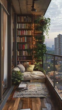 an apartment balcony with bookshelves and plants on the floor, along with rugs