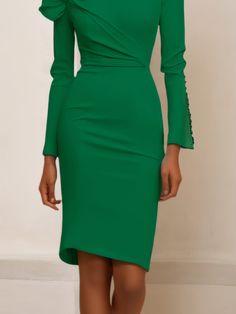 White Bow Long Sleeve Sheath Midi Dress | fehaute Elegant Green Mini Bodycon Dress, Elegant Fitted Green Midi Dress, Green Sheath Bodycon Dress For Evening, Elegant Green Bodycon Dress For Evening, Elegant Green Bodycon Evening Dress, Elegant Green Long Sleeve Bodycon Dress, Solid Sheath Cocktail Dress, Elegant Green Bodycon Dress, Elegant Green Mini Dress