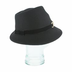 The Italian-made Belfry Zita, with its chic silhouette and charismatic allure, will make a bold statement with any ensemble. This women's trilby features an asymmetrical brim with a velvet hat band trimmed with a gold chain clasp for an elegant touch. Additionally, the inner band offers an adjustable drawstring for customizable fit, ensuring utmost comfort for day-to-day wear. With a reliable wool felt body sure to hold its shape wear after wear, don the Zita and elevate your style with distinct Chic Formal Fedora With Curved Brim, Chic Fedora With Curved Brim For Formal Occasions, Chic Curved Brim Fedora For Formal Occasions, Chic Formal Fedora Hat, Chic Fitted Hat With Curved Brim, Chic Fitted Hats With Curved Brim, Chic Flat Brim Cloche Hat For Fall, Chic Formal Fedora With Short Brim, Chic Fedora With Short Brim For Formal Occasions