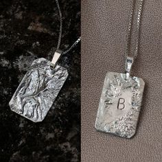 Size L Silver personalized necklace with initial, Custom necklace silver rectangle pendant, Personalized pendant necklace, Engraved gift for her Personalized charm necklace with a rectangular pendant. The pendant has a sculptural look - the making process results every time with a different pattern. The front of the pendant has a unique texture, and in the back an initial is engraved (the "initial side" can be flipped to the front later on as well, if that is what you prefer). This listing is fo Personalized Pendant Necklace, Personalized Charm Necklace, Rectangle Pendant, Personalized Pendant, Engraved Gifts, Custom Necklace, Personalized Necklace, Necklace Silver, Name Necklace