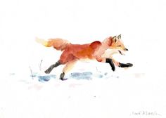 a watercolor painting of a fox running in the snow