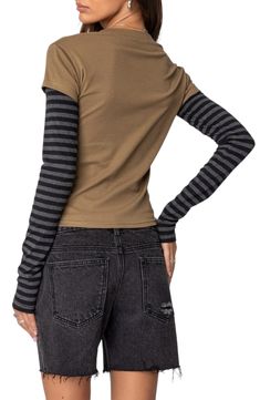 Rock a '90s-style layered look in one easy piece with this stretch-cotton top that adds striped long sleeves to a classic crewneck T-shirt. Crewneck Long sleeves 95% cotton, 5% spandex Machine wash, dry flat Imported Oversized Tshirt Long Sleeve Under, Layered Long Sleeve T Shirt, Layered Long Sleeve, Swimwear Dress, Favorite Daughter, Maternity Shops, Designer Clothes For Men, Modern Outfits, Layered Look