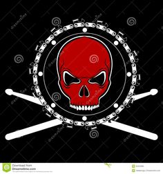 a red skull with chains around it and two crossed swords in the center on a black background