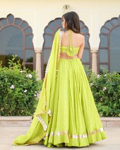 Lime Green Lehenga Set - www.riafashions.com Haldi Clothes, Kalki Lehenga, Lime Green Lehenga, Long Lehenga, Gold Blouse Designs, Sitara Work, Bird Cottage, Mehndi Outfits, Desi Outfits