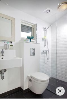 a white toilet sitting in a bathroom next to a sink and shower head mounted on a wall