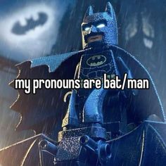 a batman with the caption saying my pronouns are bat / man