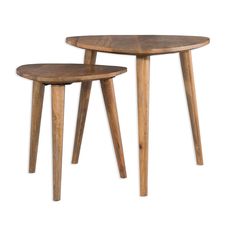 two small wooden tables sitting next to each other