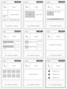 an image of a bunch of webpage layouts on a white background with black and gray colors