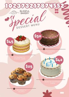 an info sheet with different types of cakes and cupcakes on it's side