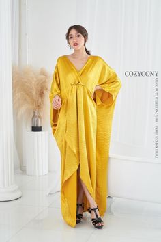 Yellow V-neck Maxi Dress For Wedding, Festive V-neck Wedding Kaftan, Gold V-neck Kaftan For Party, Elegant Long Kaftan For Wedding, Elegant Wedding Kaftan Long Dress, Elegant Yellow V-neck Gown, Festive V-neck Maxi Dress For Evening, Gold Bohemian Kaftan For Wedding, Yellow Evening Kaftan