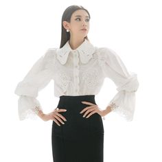 Gender: Women Material: COTTON Material: Polyester Clothing Length: REGULAR Style: Streetwear Fabric Type: Woven Sleeve Length(cm): Full Decoration: Button Pattern Type: Solid Collar: Turn-down Collar Sleeve Style: Flare Sleeve Fitted Blouse With Lace Cuffs For Spring, Elegant Cotton Shirt With Lantern Sleeves, Elegant Cotton Shirt With Puff Sleeves, Fitted Lantern Sleeve Shirt For Spring, Elegant Lantern Sleeve Fall Shirt, Elegant Lantern Sleeve Shirt For Fall, Spring Tops With Button Cuffs And Peter Pan Collar, Spring Tops With Peter Pan Collar And Button Cuffs, Spring Collared Blouse With Lace Cuffs