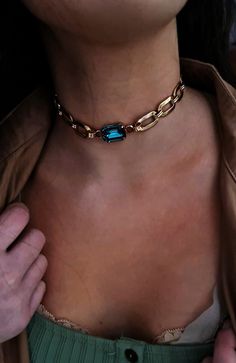 "▪ A delicate and beautiful choker necklace, made of a rectangular plate link chain decorated with a rectangular Swarovski zircon, the necklace comes in several colors, you can see the colors in the attached picture. The chain comes with an extra 2.36\" (6 cm) extension. ▪ Crystal Rhinestones Statement Choker Necklaces - Swarovski Rectangular blue Color choker necklace, blue CZ Choker, Gold Chunky Necklace ▪ SIZE Length: 11.8\" (30 cm) 13.8\" (35cm) 15\" (38cm) Width zircon: 0.78\"(2cm). High zi Classy Choker Necklace, Blue Crystal Jewelry, Teal Choker, Necklaces Swarovski, Gold Chunky Necklace, Chunky Choker, Beautiful Chokers, Gemstone Choker, Choker Gold