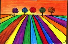 a drawing of trees in the middle of a field with rainbows and oranges