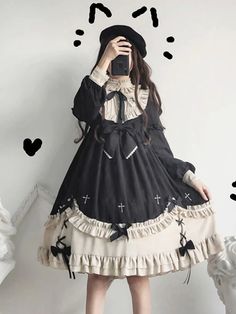 Plus Size♥OP♥Ready to Ship♥Sweet Lolita Long-sleeved Dress – nbsama Pastel Purple And Black Outfit, Creepy Cute Outfits, Pastel Goth Dress, Black Kawaii, Cat Cosplay, Slay Queen, Op Dress, Clothing Design Sketches, Character Base