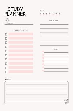 a printable study planner with pink and black lines on the side, in front of a white background