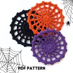 four crocheted doily patterns with spider webs