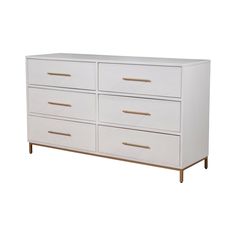 a white dresser with gold handles and drawers on the bottom, against a white background