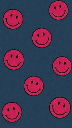 six red smiley faces on a blue background, with one in the middle surrounded by smaller ones