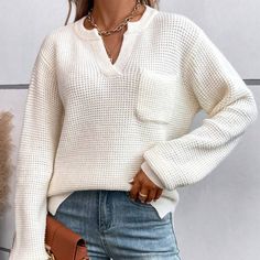 New Notched Neck Pullover White Knit Sweater Long Sleeve Armpit To Armpit 20.4 “ S,4 Length 22.8” Armpit To Armpit 21.2” M,6 Length 23.2” Armpit To Armpit 22.4” L,8, 10 Length 23.7” 42% Acrylic, 30% Polyester, 28% Polyamide Keywords: Spring Fall Summer Spring Fall Luxury Ladies Woman’s Wear Winter All Season Shirts & Blouses Jersey Tops Party Day Going Out Shirts White Accessories Dress Style Cocktail Sleeves Cardigan Pair With Sweater Preppy Sexy Hot Boho Trendy Vogue Posh Sassy Girly Date Nigh White Waffle Knit Cozy Sweater, Cozy White Waffle Knit Sweater, Textured Knit V-neck Sweater For Day Out, Chic Waffle Knit Sweater, Long Sleeve Sweater For Day Out, White Waffle Knit Sweater, Winter Textured Knit Top For Day Out, Textured Knit Top For Winter Day Out, Chunky Knit Tops For Day Out