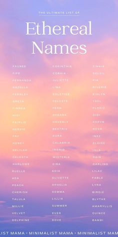 the ultimate list of ethereal names in front of an orange and blue sky with clouds