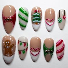 Hello!  Welcome to my press-on nail shop where I create high-quality, hand-painted press-on nails!  🎀 About This Set: This set is hand-painted and includes almond shaped nails with 3D elements, metal charms and more! This design includes candy canes, a gingerbread man, christmas tree, ornaments and xmas lights. 🎀 How to Size: Please refer to the last image of the listing which provides instructions on how to measure your nails. Please provide me with the two photos per hand and be sure to label which hand is which. If you need assistance with measuring, please DM me on instagram @rubyclaws_ 🎀 Each nail kit comes with: 10 nails, custom sized 1 Plastic nail box holder 1 sheet of sticky tabs for temporary use 1 glue for longer wear 1 wooden cuticle pusher 1 mini nail file 1 alcohol wipe to Christmas Holiday Nails Ideas, Gingerbread Nails, Gingerbread Man Christmas Tree, Man Christmas Tree, Almond Shaped Nails, Christmas Tree Nails, Candy Cane Nails, Gingerbread Man Christmas, 3d Elements