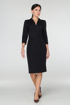 "A beautiful black dress featuring pencil silhouette, midi length and high neck collar. - Stand up collar with v-neck - Fitted pencil silhouette - Knee length (midi) - 3/4 sleeves - concealed back zipper closure Color: Black. Fiber: viscose 45%, elastane - 5%, polyester - 50% For Size S: dress length - 40\", sleeve length - 14,5\" (2/3) Our model wears size S (US 6) and is 171cm/5'6\" tall. You may feel free choosing the size. Just send us your measurements (bust, waist, hips, height). We will d Elegant V-neck Bodycon Dress For Formal Occasions, Elegant Fitted V-neck Dress With Flattering Silhouette, Elegant Fitted V-neck Dress For Semi-formal Occasions, Elegant Fitted V-neck Semi-formal Dress, Black Fitted V-neck Dress For Formal Occasions, Chic V-neck Midi Dress For Business, Formal V-neck Midi Dress, Elegant Sheath V-neck Dress For Formal Occasions, V-neck Office Lady Bodycon Dress