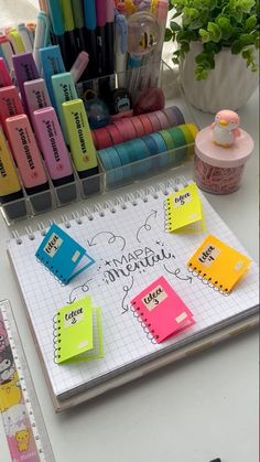 a notebook with sticky notes and markers on it