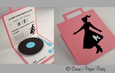 a pink and black party bag with a vinyl record in the front, and a silhouette of a woman on it