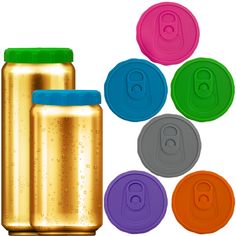 a set of four different colored soda cans with lids and caps in front of them