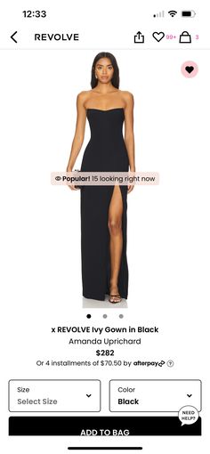 a woman in a black dress is shown on the app for her fashion line, revolution