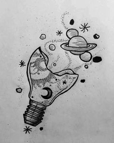 a pencil drawing of a light bulb with planets and stars in the sky above it