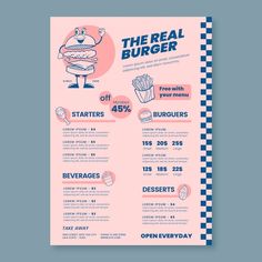 the real burger menu is displayed on a blue and pink background