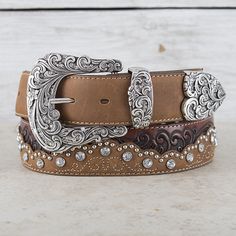 Ariat Brown Concho Studded Belt Elegant Leather Concho Belt, Silver Leather Belt, Elegant Brown Concho Belt, Elegant Brown Belt With Concho, Brown Concho Belt, Western Belts For Women, Bb Simon Belts, Ariat Belts, Country Belts