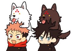 three anime characters with cats and dogs on their heads, one is holding the other's head