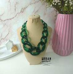 "GREEN Transparent Chunky Link Oversize Necklace - Stone material: Plated metal, Acrylic - Lobster clasp closure - Necklace Length: approx. 58.5cm(23\") with 7cm(2.75\" )extension - Weight: Around 129g There might be a little difference of the colors due to the camera or light. All jewelry comes in a gift box with my brand logo. Carefully shipped in a bubble wrap mailer. This jewelry will be gift-wrapped in an elegant gift box and shipped to you via registered mail (with tracking number) in a pr Elegant Green Resin Jewelry, Trendy Green Necklace For Party, Green Resin Necklaces For Jewelry Making, Trendy Green Chain Link Jewelry, Green Adjustable Chain Link Necklace, Green Necklace With Adjustable Chain, Green Chain Link Necklace With Adjustable Chain, Green Adjustable Chain Necklace For Party, Green Costume Jewelry Necklace