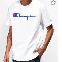 Heritage Script White T-Shirt From Champion. Screen-Printed Champion Logo Script On The Chest. Embroidered Logo Applique On Left Sleeve. Ribbed Crew Neck Collar. 100% Cotton. Brand New Men’s Size Large White Cotton T-shirt With Logo Print, Champion Shirt Outfit, White Cotton Tops With Text Print, White Graphic Tee With Crew Neck, White Print Crew Neck Shirt With Logo, White Cotton Shirt With Logo Print, White Short Sleeve Tops With Logo Print, White Short Sleeve Top With Logo Print, White Text Print Crew Neck Top