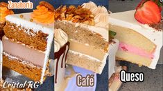 there are several different types of cakes on the table with words in spanish and english