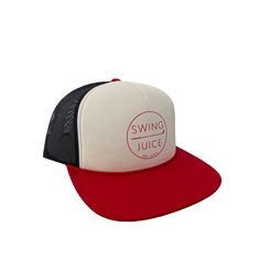 a red and white hat with the words swing juice on it's front side