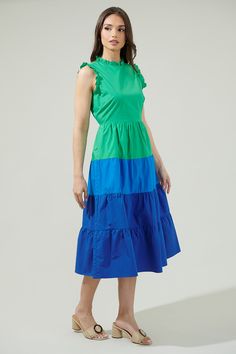 Add a pop of color to your closet with the Marilu Color Block Midi Dress! This tiered midi dress gives us beautiful blending colors that make it super pretty. It also has a sleeveless look with ruffles on the neckline and shoulders. A keyhole at back followed by a zipper. It can be paired up with green or blue heels to finish off the look! - Color block- Ruffle trim- Tiered- Pocket- Color: Blue GreenSize + Fit - Model is 5'8" and wearing size XS- Measurements taken from size S - Chest: 17 3/4"- Multicolor Sleeveless Tiered Summer Dress, Chic Green Midi-length Tiered Dress, Chic Green Midi Length Tiered Dress, Multicolor Tiered Midi Dress For Spring, Green Ruffled Sundress Midi Dress, Chic Green Tiered Dress, Multicolor Ruffled Knee-length Midi Dress, Blue Ruffled Midi Dress, Green Sleeveless Ruffled Midi Dress