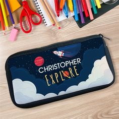 Personalized Explore Space Pencil Case - Sunny Jar Personalized™ Personalized Gift Baskets, Kids Drawstring, Personalized Pencil Case, Writing Essentials, Creative Christmas Gifts, Personalized Basketball, Personalized Picture Frames, Personalized Pencils, Personalized Teacher Gifts