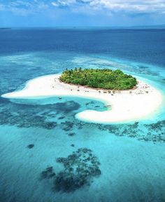 an island in the middle of the ocean surrounded by sand and corals with trees on it