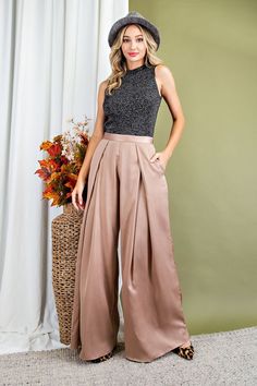 pleated wide leg pants Brand: Eesome Style: PK4889 Fabric: 100% POLYESTER Details: Extreme wide leg pants made in a high waisted fit in a satin fabric. Detailed with a pleated front look. Wedding Guest Pants, Pleated Wide Leg Pants, New Year’s Eve Outfit, Spring Wedding Guest, Business Pants, Holiday Fashion, Pants Outfit, Wide Leg Trousers, Fit In