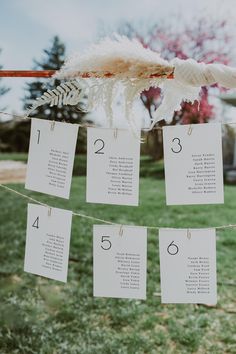 wedding seating plan hanging on a line in the grass with feathers attached to it's strings