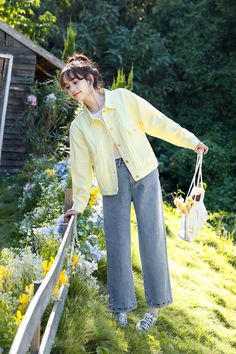 Yellow Cropped Denim Jacket | Sunoo - Enhypen M Fashion Chingu, Feather Jacket, Checkered Jacket, Types Of Coats, Cropped Denim Jacket, Pocket Jacket, Short Suit, Colored Denim, Double Breasted Suit