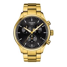 Tissot’s latest Chrono XL Classic gold-tone watch combines luxe style and modern design in a single innovative timepiece. With classic details and a black chronograph dial, this 45-millimeter gold-toned stainless steel watch has a spectacular presence. Advanced features include a trio of sub-dials with a date window, water resistance and a sapphire crystal cover for top-line scratch resistance. Firmly built on Swiss watchmaking tradition, Tissot is committed to its craft and recognized globally Tissot Watches, Classic Watches, Classic Gold, Gold Case, G Shock, Stainless Steel Watch, Classic Man, Watch Brands, Stainless Steel Bracelet