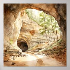 a watercolor painting of a cave entrance