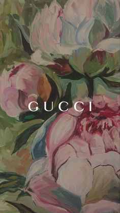 a painting of flowers with the words gucci in white lettering on top of it