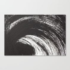 an abstract black and white painting with swirls in the center on a dark background